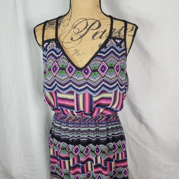 PAPERDOLL Size Large Open Back Tribal Print Chiffon V-Neck Mini‎ Blouson Dress - Picture 7 of 9